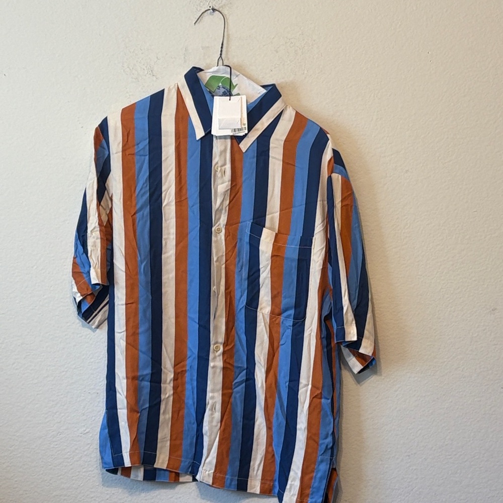 Sandro Men’s Striped Button-Down Shirt in Blue, Brown & White